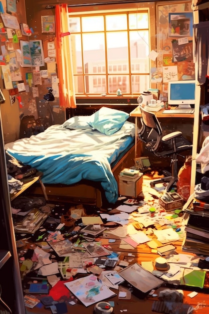 乱雑なベッドとたくさんの書類が置かれた机のある乱雑な部屋。