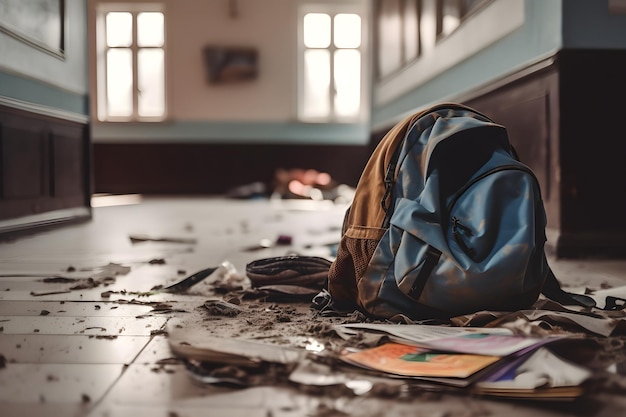 Messy school backpack on the floor in the classroom