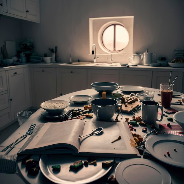 Messy table in a minimal kitchen decor