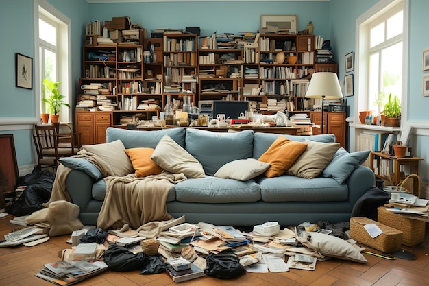 A messy and tidy living room with all kinds of things scattered on the floor Vots of clutter