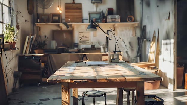 Грязный деревянный стол в мастерской художника На столе стоят кисти, карандаши и тетрадь, стены покрыты произведениями искусства.