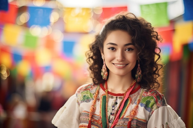 Photo mestizo woman with asian traits wearing traditional dress for the festa junina with colorful flags in the background