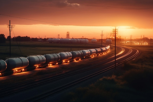 Meststof plant in een agrarisch landschap bij zonsondergang Spoorweg tankwagens uitgerekt