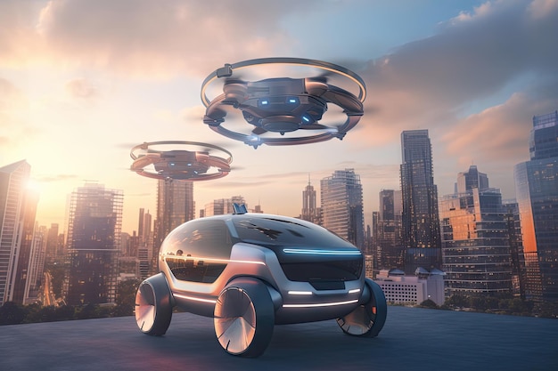 Met autonoom voertuig en drone die over een futuristisch stadsbeeld vliegen, gemaakt met generatieve AI