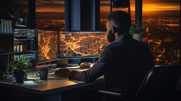 met behulp van een computer terwijl hij aan zijn bureau zit in een donker kantoor met een groot stadsbeeld op de achtergrond