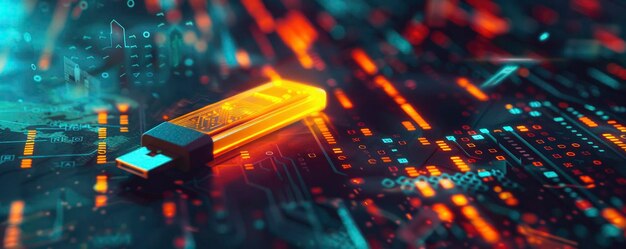 Met behulp van een prachtige afbeelding van een gloeiende geelachtige USB-stick als een veilige plaats om cryptocurrency te bewaren