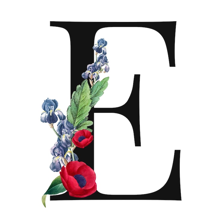 Foto met bloemen versierde hoofdletters e sticker typografie