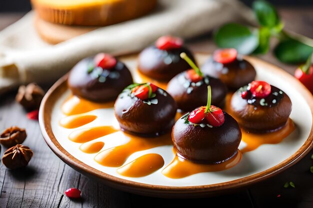 Met chocolade bedekte aardbeien op een bord met een houten achtergrond