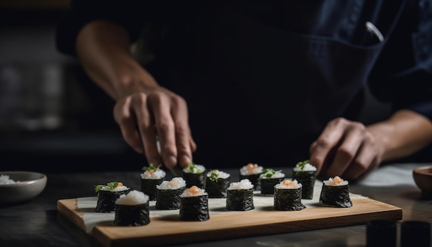 Met de hand een bord met verse zeevruchten, vakkundig bereid sashimi gegenereerd door AI
