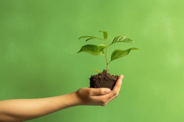 Met de hand een plantenplant met grond op een groene achtergrond concept milieubescherming AI