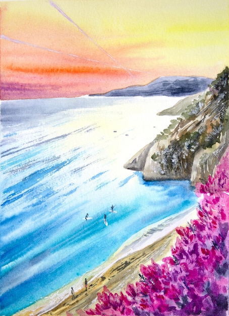 Met de hand geschilderd aquarel landschap aan de kust Aquarel Griekenland Aquarel zonsondergang schilderij