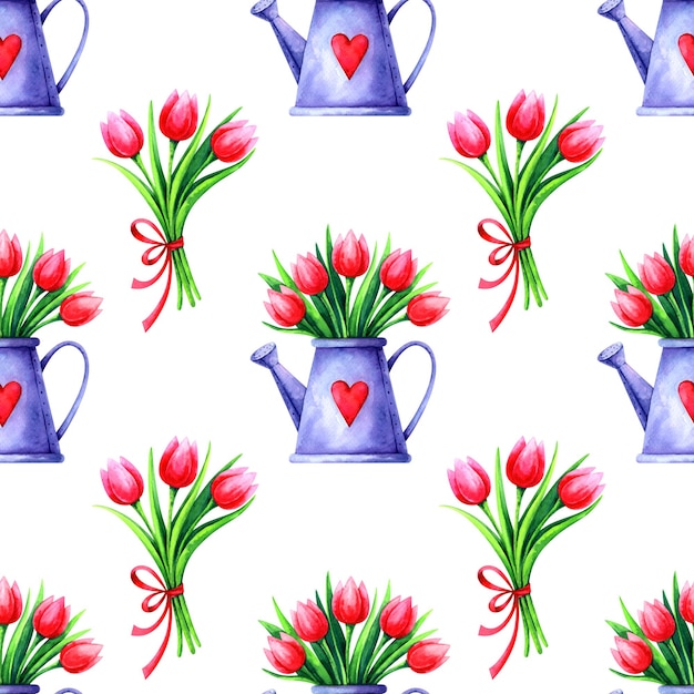 Met de hand geschilderd naadloos lentepatroon met aquarel tulpenboeketten geïsoleerd op een witte achtergrond
