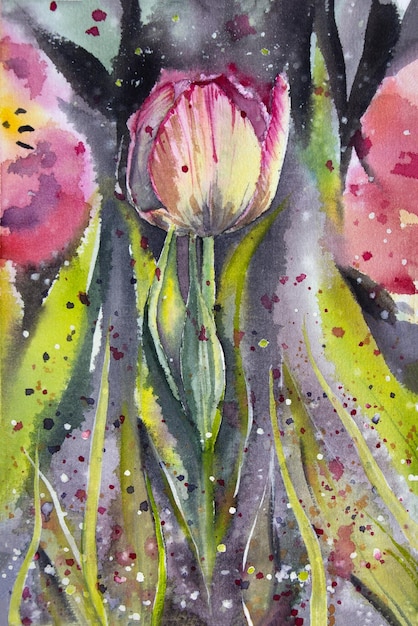 Foto met de hand geschilderde aquarel tulp op de abstracte bloemen achtergrond nat op nat schilderij