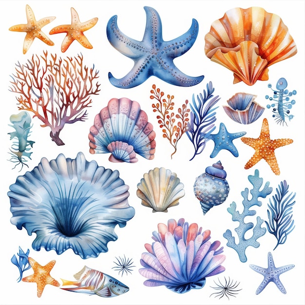Foto met de hand geschilderde illustraties van zeeleven op een witte achtergrond met sterren, koralen, algen in een maritieme stijl