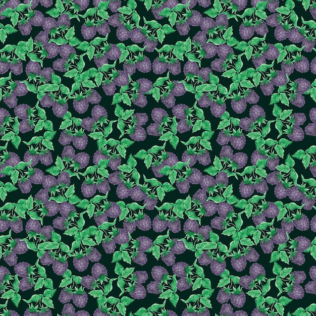 Foto met de hand getekend waterverf zwarte bessen naadloos patroon geïsoleerd op donkere achtergrond kan worden gebruikt voor het verpakken van textiel en andere gedrukte producten