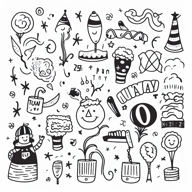 met de hand getekend zwart-wit gelukkig nieuwjaar doodle collectie nieuwjaar feest elementen generatieve ai