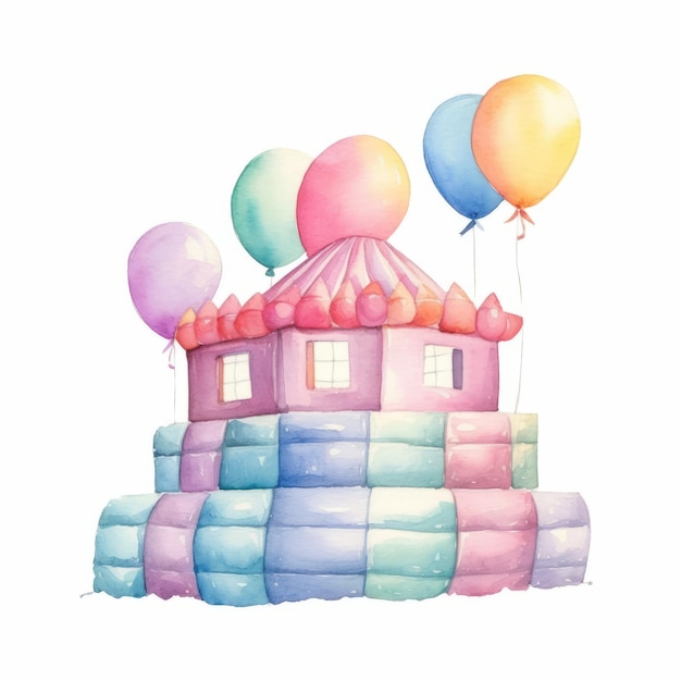 Met de hand getekende aquarel illustratie van een schattig kasteel met ballonnen op een witte achtergrond