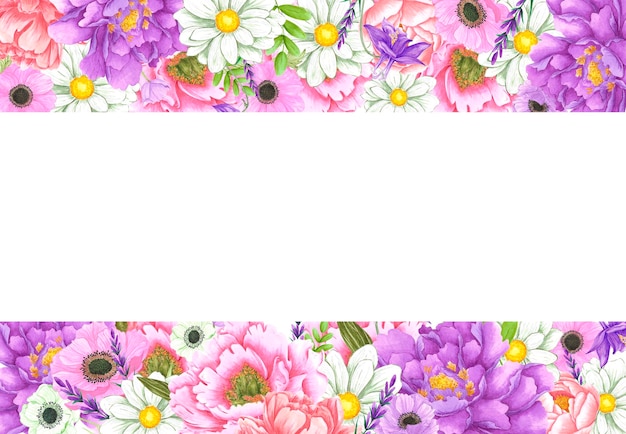 Met de hand getekende aquarel pioen- en anemonenbloemen boeket frame rand geïsoleerd op witte achtergrond Kan worden gebruikt voor post of naamkaart label en andere gedrukte producten