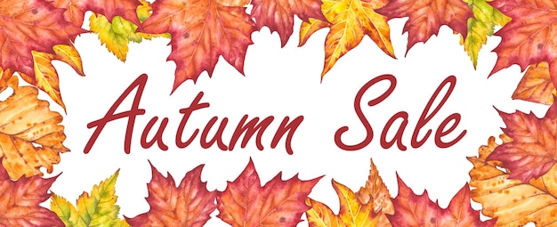 Met de hand getekende aquarelillustratie met herfstverkooplettering in een ontwerp van getekende herfstbladeren