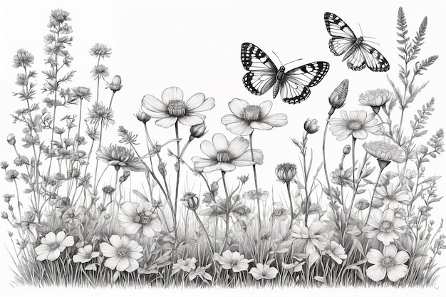 Foto met de hand getekende bloeiende bloemen en vlinders op een lege achtergrond