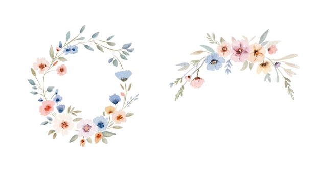 Met de hand getekende bloemenkrans met delicate bloemen en groen in zachte kleuren