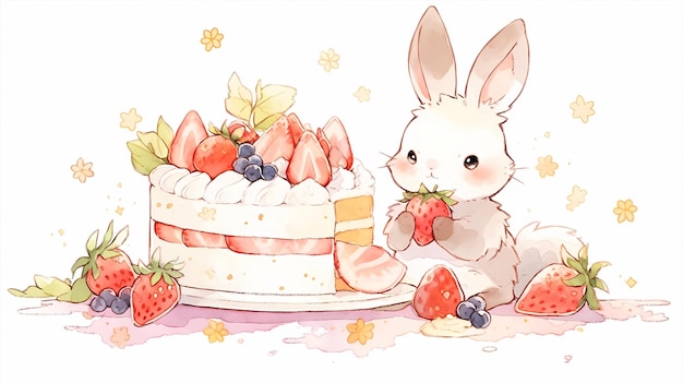 met de hand getekende cartoon illustratie van een schattig konijn die dessert taart eet
