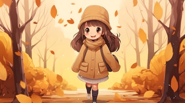 Met de hand getekende cartoonillustratie van een schattig meisje dat in de herfst buiten speelt