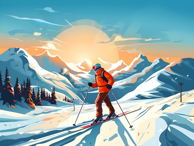 Met de hand getekende digitale illustratie van skiën in het winterseizoen sneeuwsporten