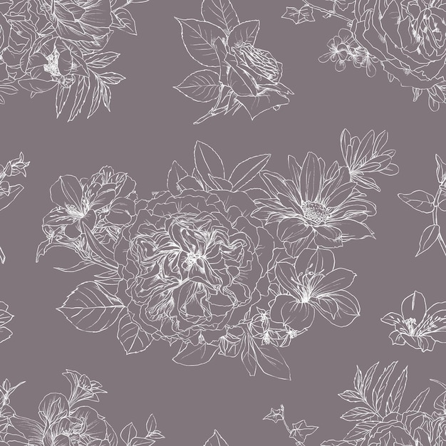 Met de hand getekende grafische illustratie met potlood naadloos patroon van vintage bloemen