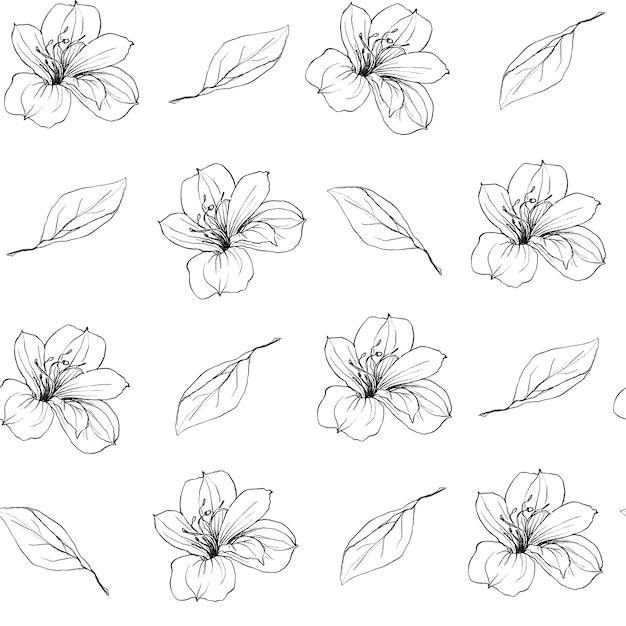 Met de hand getekende grafische illustratie met potlood naadloos patroon van vintage bloemen