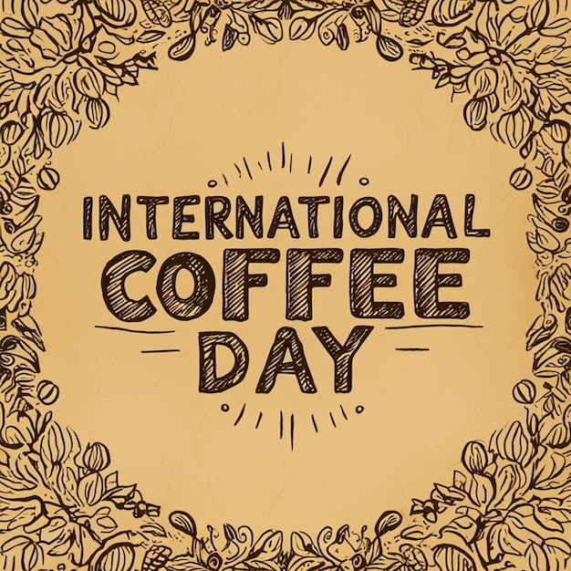 Met de hand getekende illustratie voor de internationale dag van de koffie en het woord internationale koffie dag