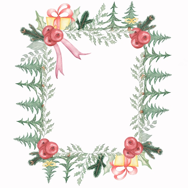 Met de hand getekende kerstkrans bloemenframe met geschenkdoos