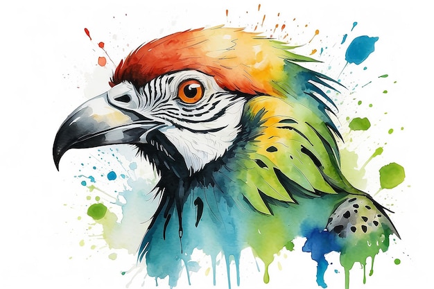 Met de hand getekende papegaai-vogelhoofd inkt en waterverf Splatter Art