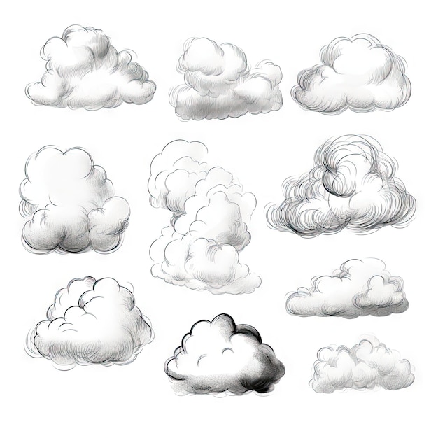 Foto met de hand getekende schetsvormige wolkencollectie geïsoleerd op wit schetsvormige zwarte potloodwolken schetsillustratie