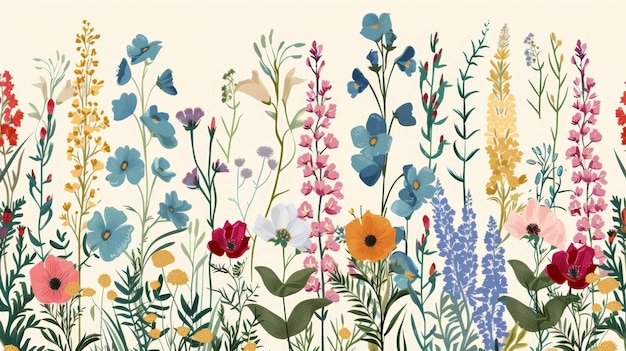 Foto met de hand getekende wilde bloemen kleurrijke botanische illustratie florale elementen herhaalbare met de hand getekend achtergrond artistieke achtergrond