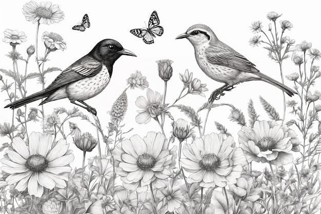 Met de hand getekende zwart-witte bloeiende bloemen vlinders vogels op een lege achtergrond
