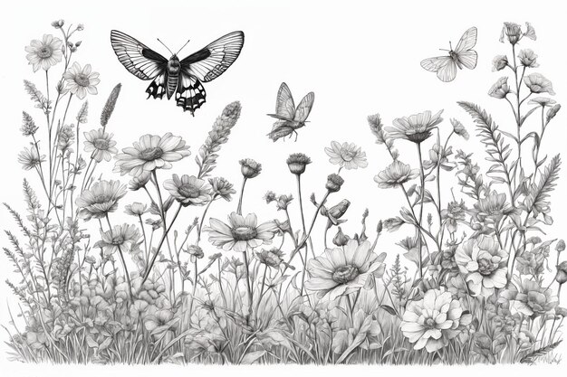 Foto met de hand getekende zwart-witte bloeiende bloemen vlinders vogels op een lege achtergrond