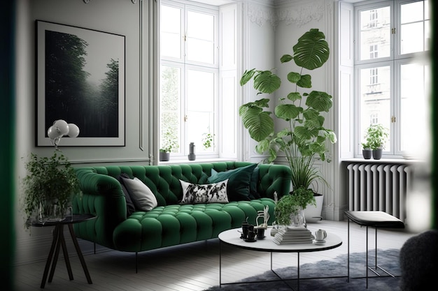 Met een bank ziet de kamer er modieus en groen uit in Scandinavische stijl