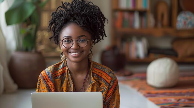 Met een laptop op de vloer glimlacht een jonge Afro-Amerikaanse vrouw en zit op de grond met een bril.