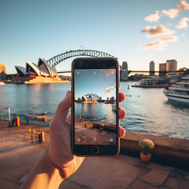 met een smartphone in de hand een foto maken in Sydney Australië