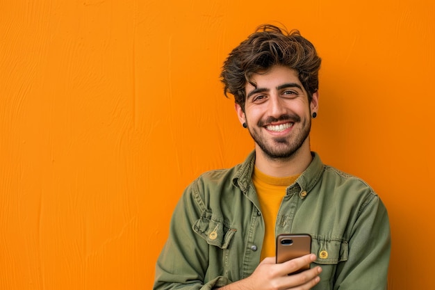 Foto met een stralende glimlach beveelt een spaanse vrouw in haar vroege dertiger jaren een smartphone-app aan op een levendige oranje achtergrond die haar enthousiasme en overtuigende communicatievaardigheden toont