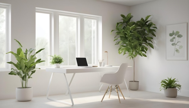 Met een wit bureau, een groene plant en veel natuurlijk licht is dit een minimalistisch kantoor in huis.