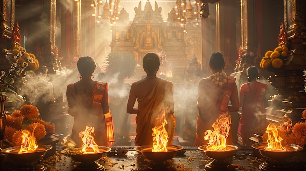 Met eerbied en toewijding verzamelen de aanbidders zich in de tempel om de goden te eren.
