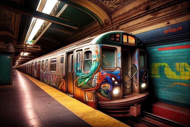 Met graffiti bedekt metrostation met treinen die door het perron rijden