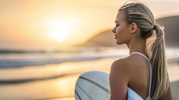 Met haar verzonken gloed en lang stromend haar straalt deze surfervrouw een air van zelfvertrouwen uit en