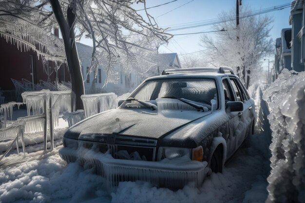 Met ijs bedekte straat en auto met kapotte voorruit na sneeuwstorm gemaakt met generatieve ai