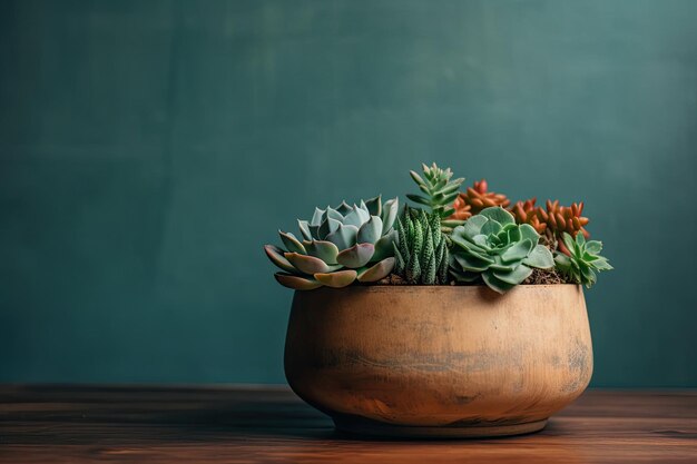 Foto met ingemaakte succulenten een houten basis en een groene achtergrond