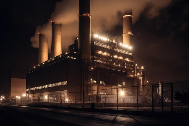 Met kolen gestookte elektriciteitscentrale 's nachts Generatieve AI
