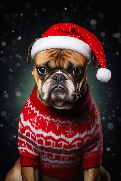 met rode trui kerstman hoed bulldog mascotte illustratie pout gelukkige hond grimmige kous achtergrond