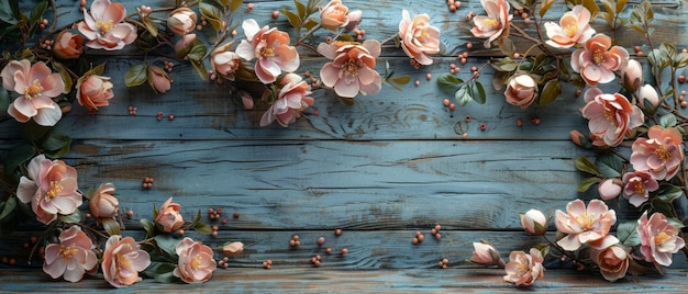 Met rozen en hortensia evenals een plaats voor uw tekst dit ontwerp is shabby houten planken in rustieke stijl en wordt bekeken van bovenaf Het heeft een plat ontwerp en ruimte voor uw tekst